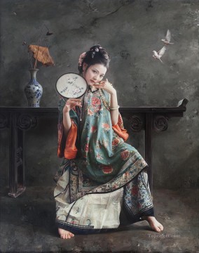 Chinese Girls Painting - sparrow Chinese girl